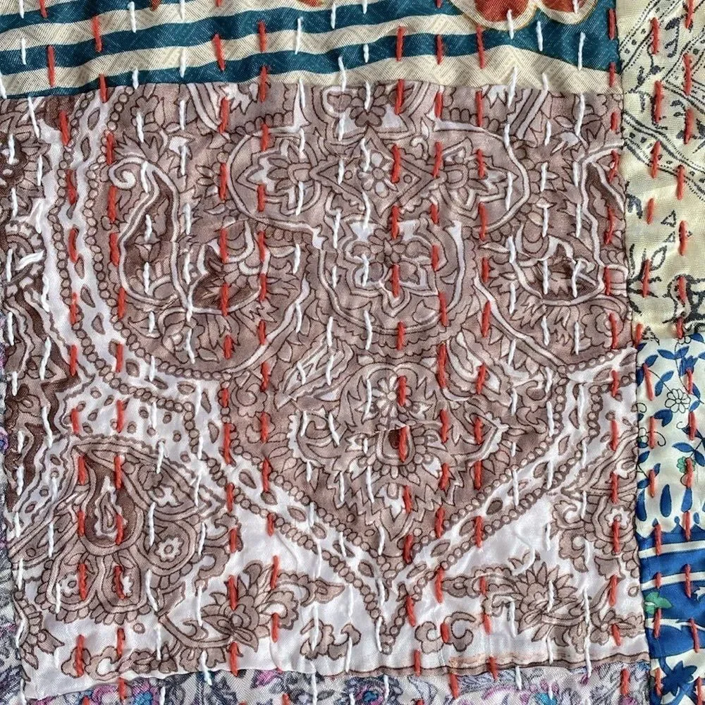 Kantha Silk Blend Throw Blanket Patchwork Quilt Multicolor  66” x 86”